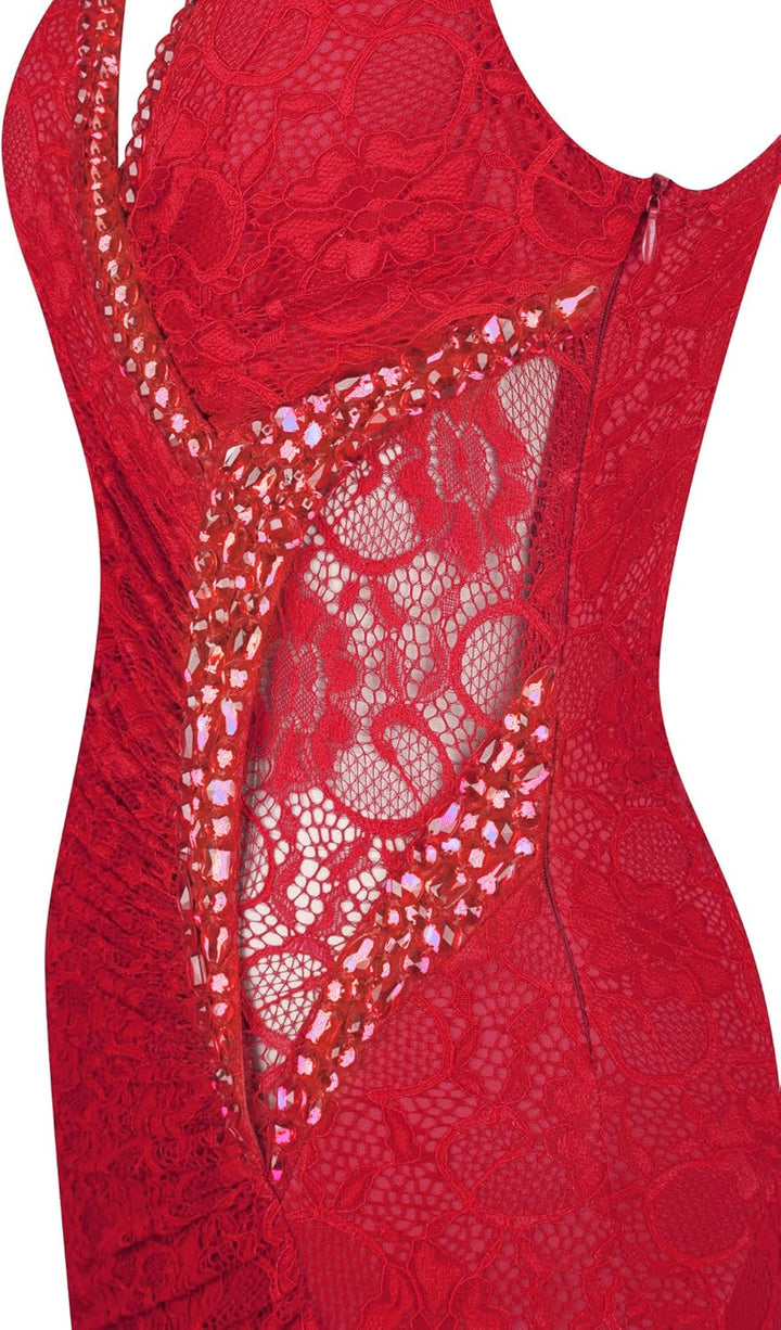 Angel-fashions Damen V-Ausschnitt Spitze Teilt Gekräuselt Bördeln Mantel Hochzeitskleid, Rot
