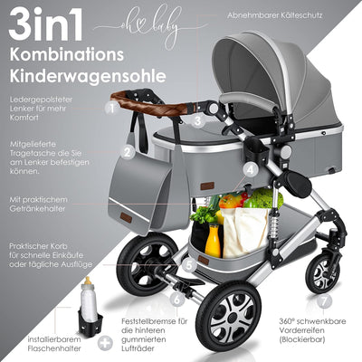 KESSER® Loops 3 in 1 Kinderwagen Kombikinderwagen Komplett-Set inkl. Babywanne & Buggy Sportsitz & A