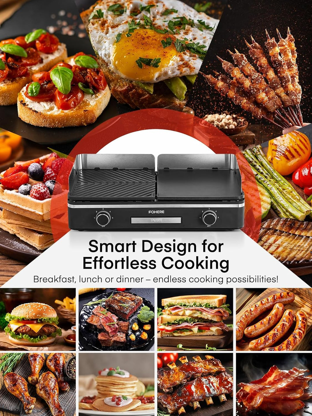 FOHERE Elektrogrill Tischgrill mit 2 Getrennt Regelbaren Grillplatten (Glatt & Gerillt), Extra gross