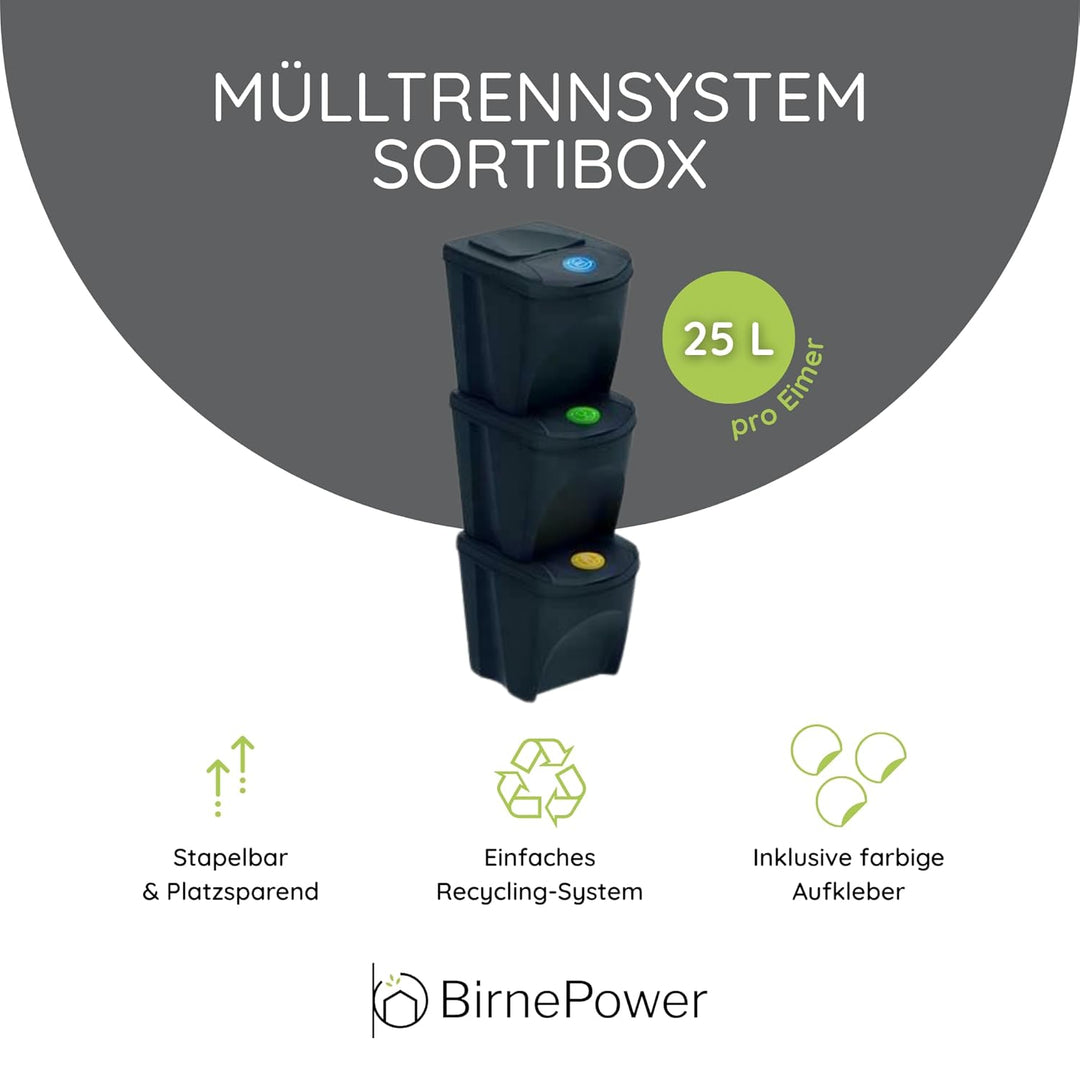 BirnePower Mülleimer Müllbehälter Abfalleimer 75L Set 3 x 25L Mülltrennsystem Behälter Sorti Box mit