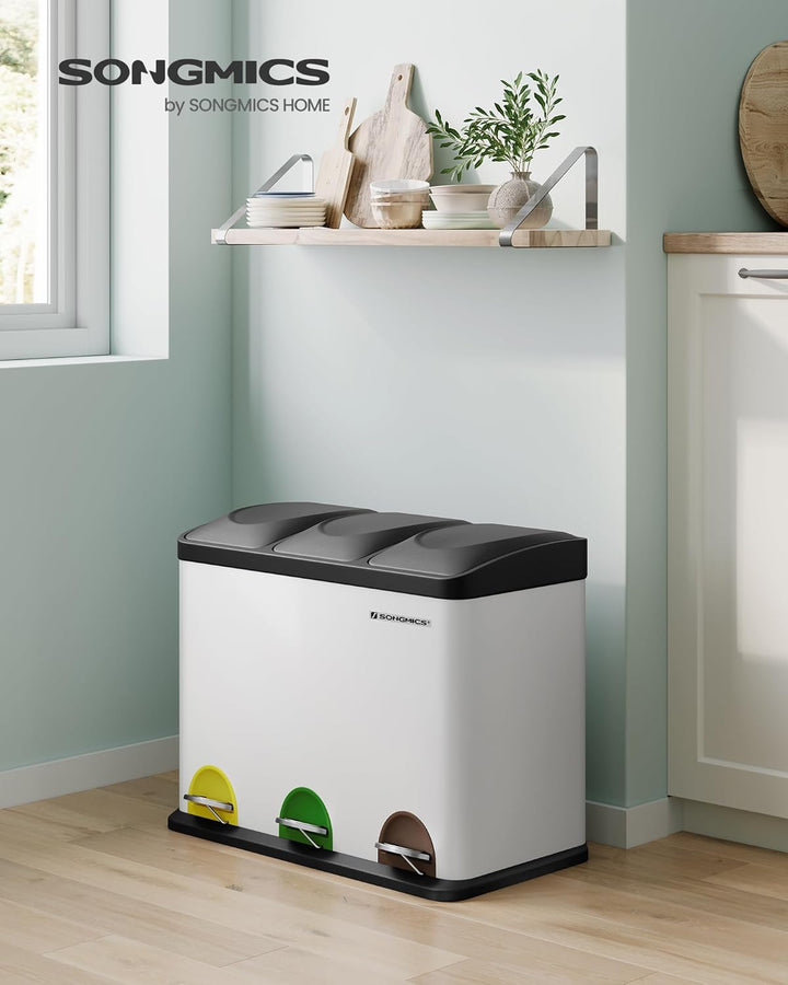 SONGMICS Mülleimer Küche, Mülltrennsystem 3 Fächer, Abfalleimer, 45 Liter Treteimer aus Metall, 3 x