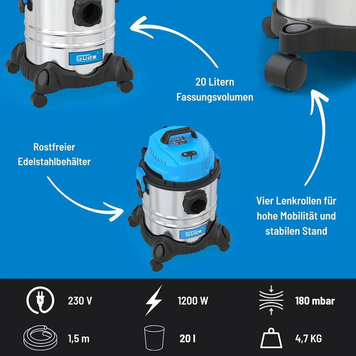 Güde 20 L 17001, NASS-TROCKENSAUGER GNTS 20L, Blau, Silber, schwarz, 1200 W, 85 Dezibel 1200W / 20L,