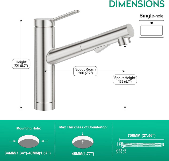CREA Wasserhahn Küche, Küchenarmatur mit Ausziehbarer Brause, Spültischarmatur Küche mit 2 Strahlart