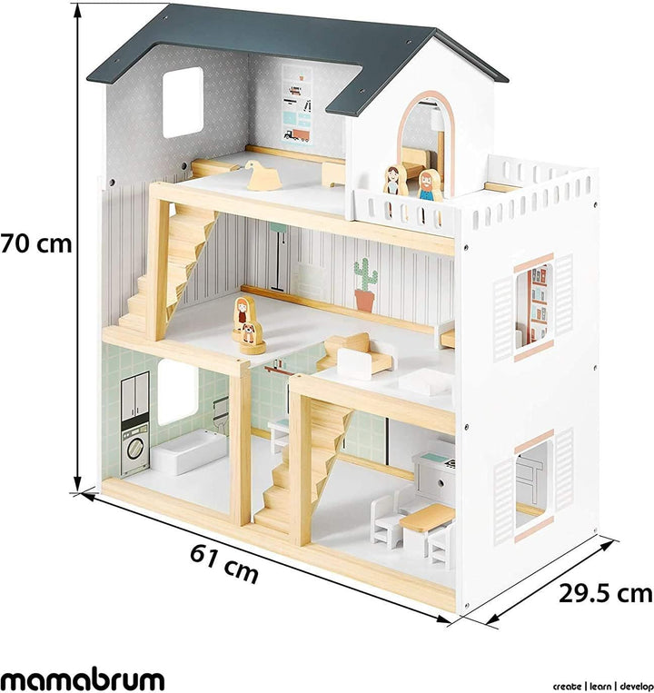 Mamabrum, Puppenhäus Aus Holz Mit Zubehör, Holzpuppenhaus mit Möbeln, Holztraumhaus mit Zubehör inkl
