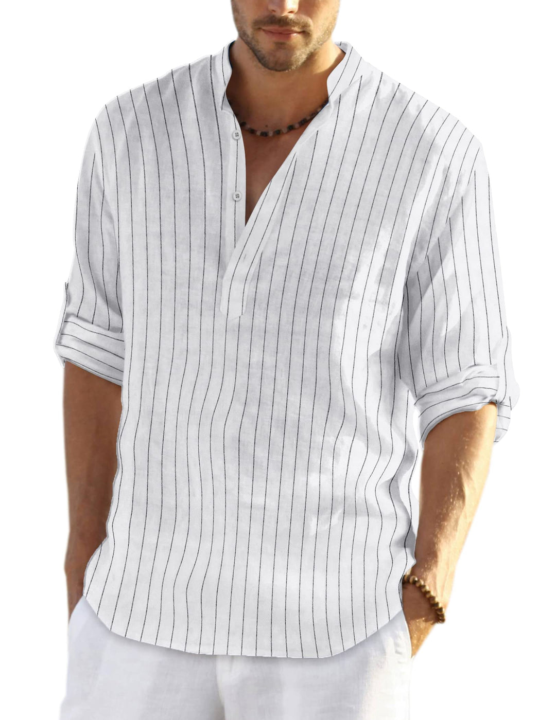 COOFANDY Herren Hemd Langarm Henley Shirt Leinenhemd Baumwolle Casual Regular Fit Sommerhemd Weisse