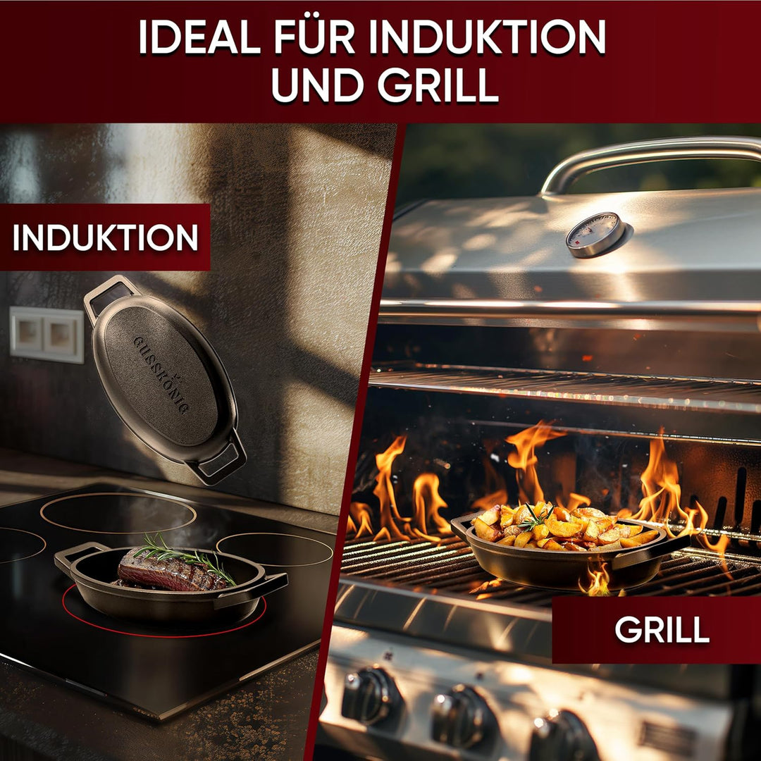 GUSSKÖNIG Servierpfannen Set – 6 ovale Gusseisen Grillpfännchen für den Grill – Gusseisenpfanne klei