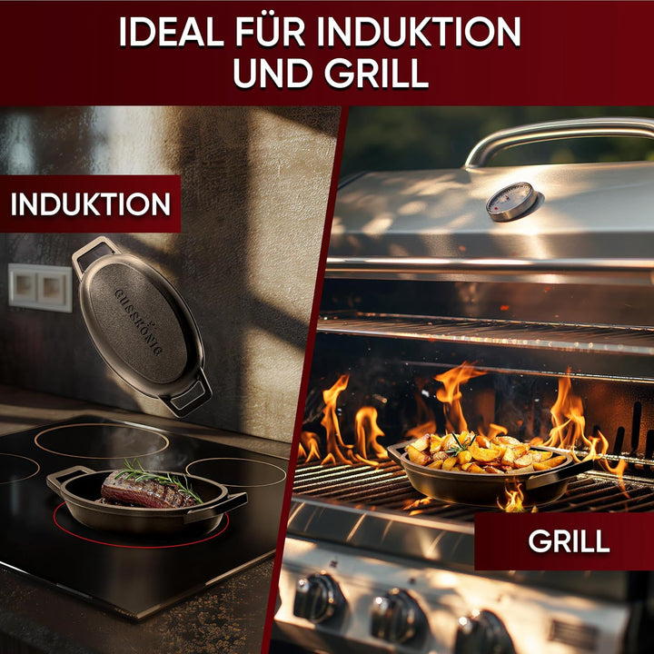 GUSSKÖNIG Servierpfannen Set – 6 ovale Gusseisen Grillpfännchen für den Grill – Gusseisenpfanne klei