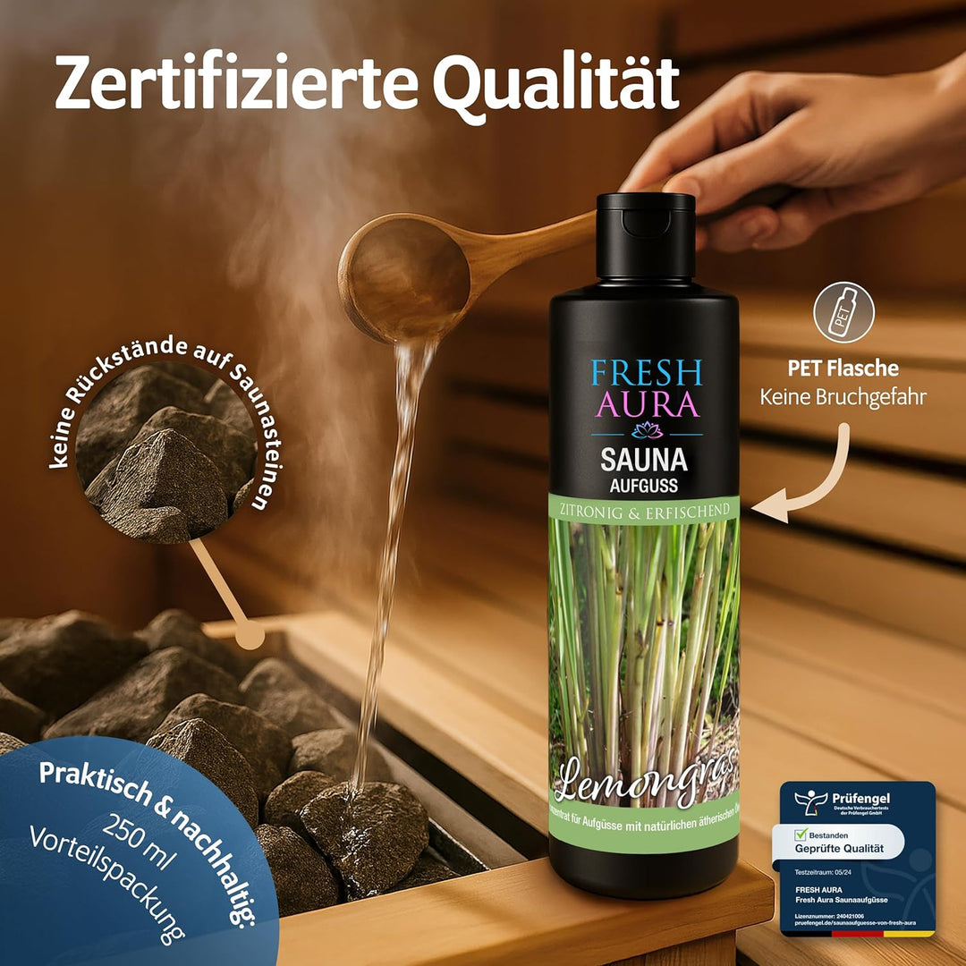 Saunaaufguss Lemongras (250ml) – Sauna Aufgussmittel mit natürlichen ätherischen Ölen – Sehr ergiebi