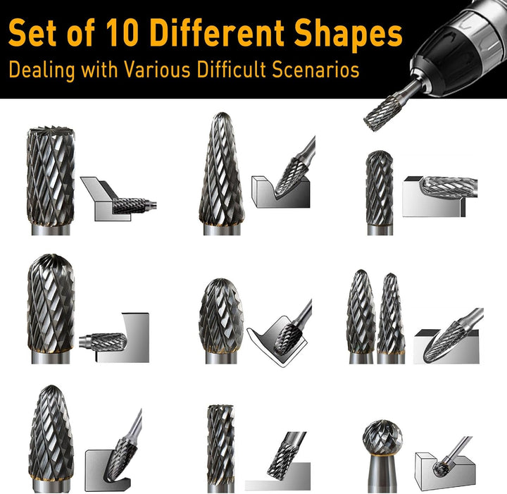 Hartmetall Frässtifte Set, 10 Stück Doppelschnitt mit 6mm Schaft Rotationsfräser Bits Raspel Set für