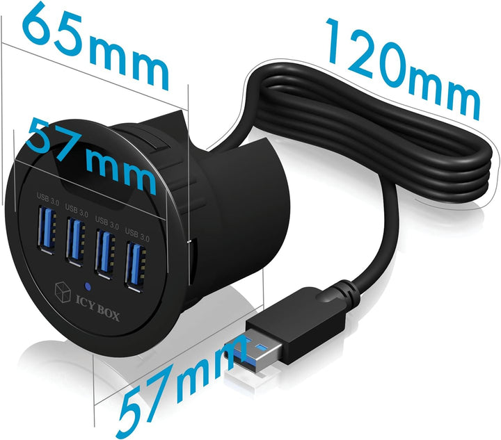 ICY BOX IB-Hub1403 USB-Tisch-Hub (60 mm) zum Einbau, 4x USB 3.0 Anschlüsse, Kabeldurchführung, 5 V S