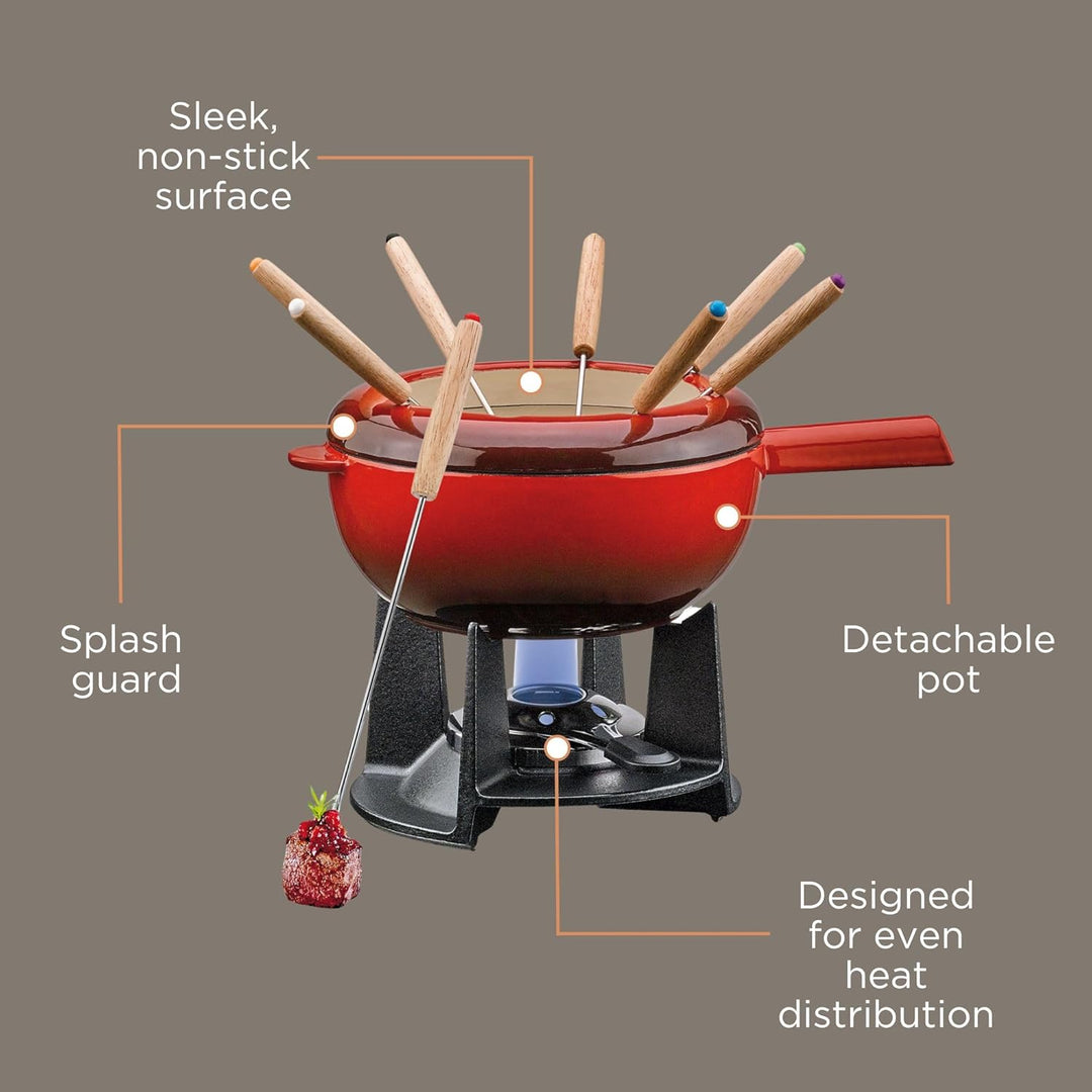 Spring Gusseisen Fondue Set rot | Ø 20 cm | mit 8 Fonduegabeln und Spritzschutz | für Käsefondue, Fl