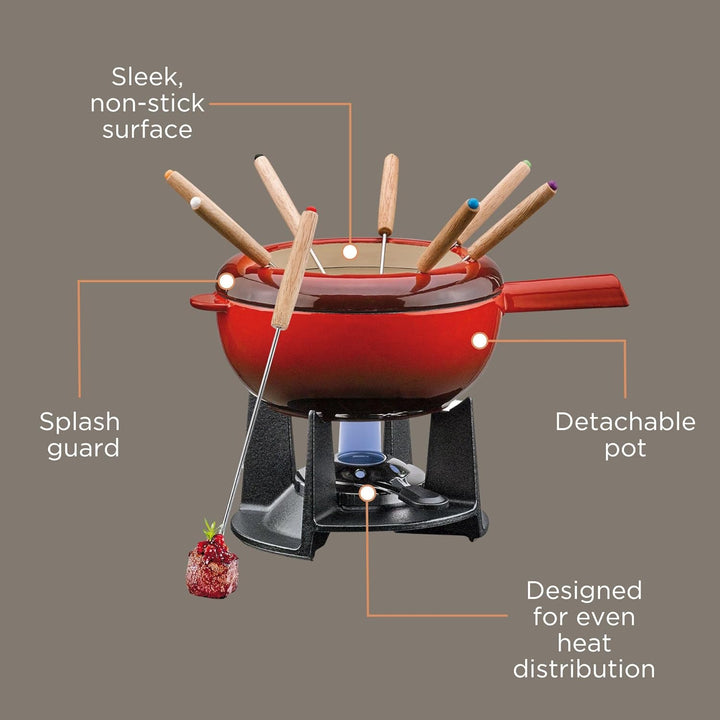 Spring Gusseisen Fondue Set rot | Ø 20 cm | mit 8 Fonduegabeln und Spritzschutz | für Käsefondue, Fl