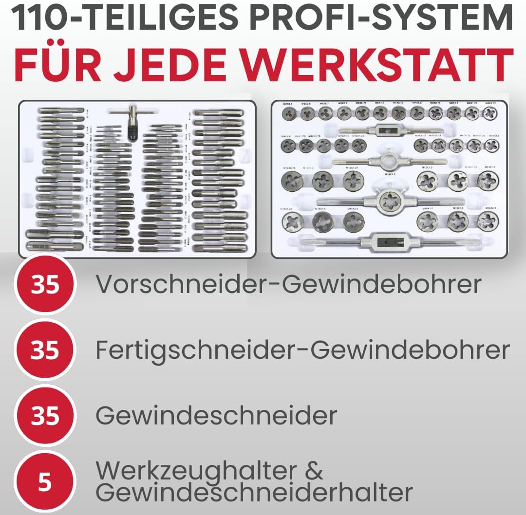 Set 110-tlg Gewindeschneider + Gewindebohrer | Metrisch | M2–M18 | 0,4-2mm | Innen- & Aussengewinde
