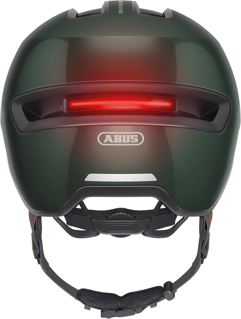 ABUS Stadthelm HUD-Y ACE - stylischer Fahrradhelm mit Visier und magnetischem, aufladbarem LED-Rückl