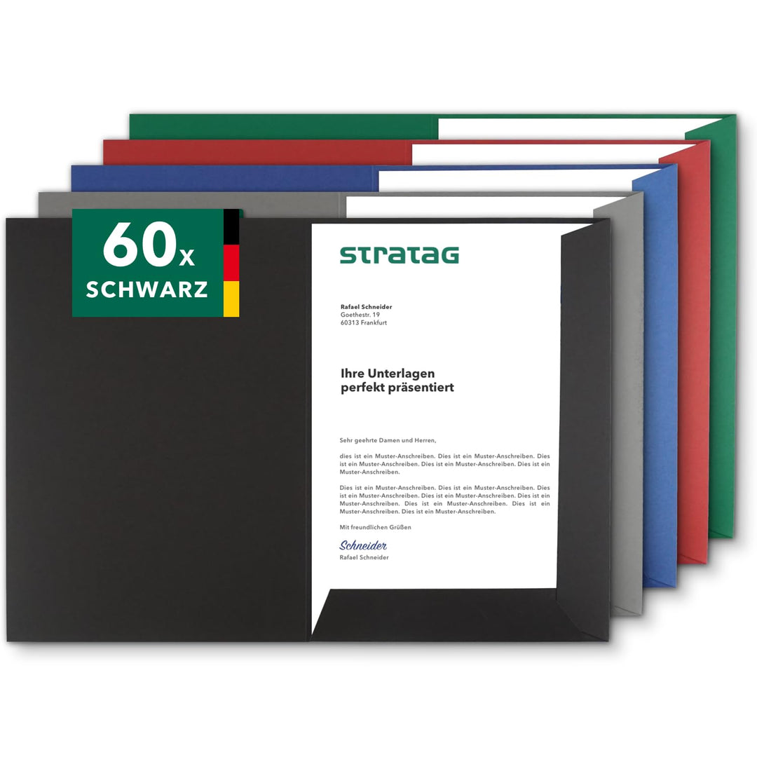 Präsentationsmappe A4 in Schwarz 60 Stück (wählbar) - erhältlich in 7 Farben - direkt vom Hersteller
