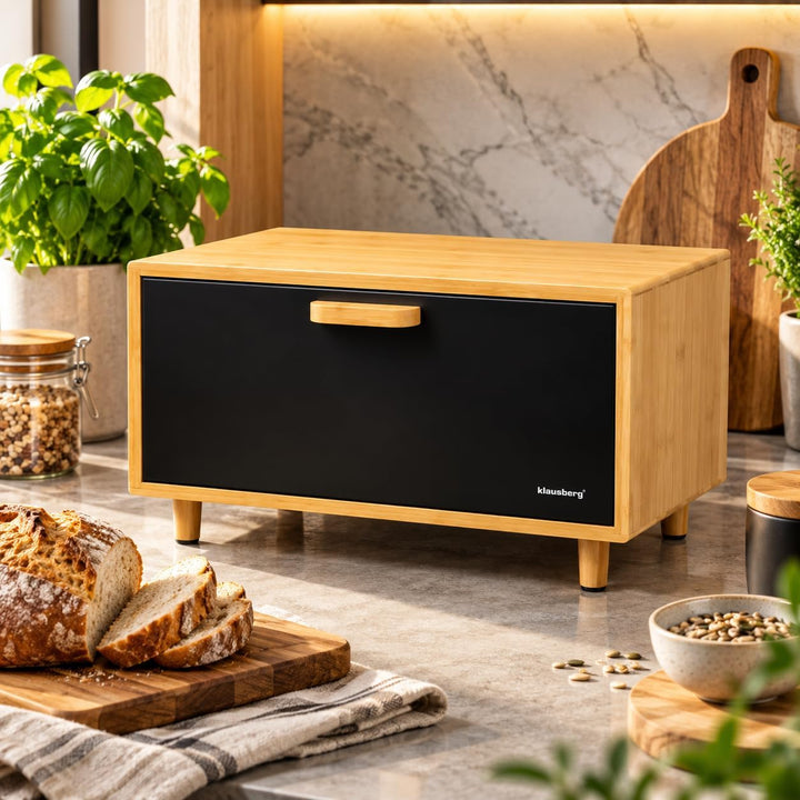 Klausberg Edelstahl Brotkasten für Küche, Brotkasten, Brothalter (Black) Schwarz, Schwarz