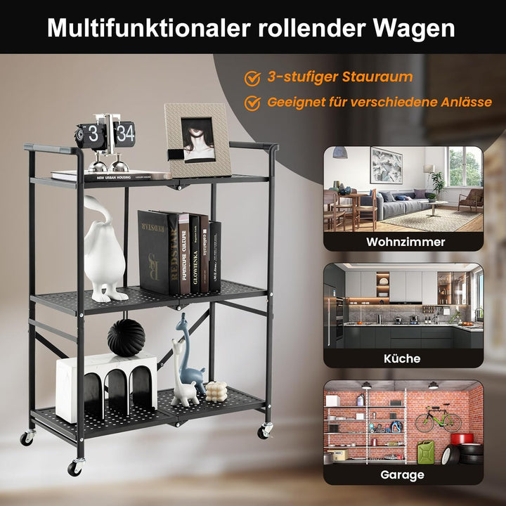 COSTWAY Servierwagen klappbar, Küchenwagen mit 4 Rollen, 2 feststellbar, 3 Etagen Metallregal, Allzw