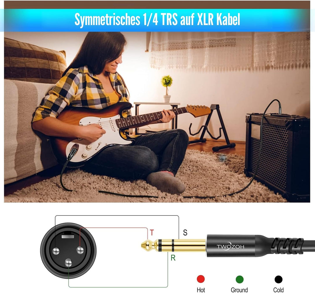 Twozoh XLR auf Klinke 6,3 10M, XLR Stecker auf TRS 6,35 mm Stereo Gitarrenkabel (Profesional/Hifi) 1