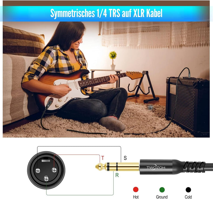 Twozoh XLR auf Klinke 6,3 10M, XLR Stecker auf TRS 6,35 mm Stereo Gitarrenkabel (Profesional/Hifi) 1