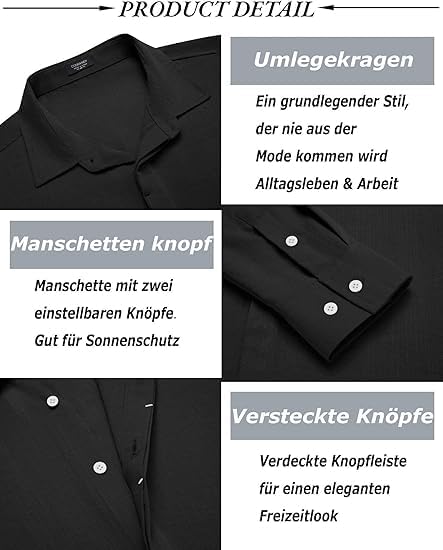 COOFANDY Herren Hemd mit versteckten Knöpfen Regular Fit Langarmhemd Casual Freizeithemd Businesshem