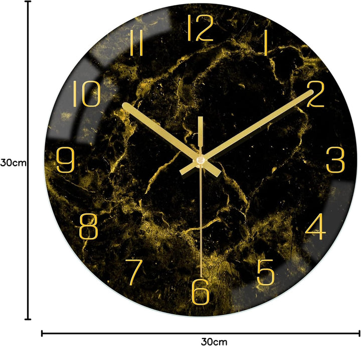 VIKMARI Schwarze moderne Marmor-Textur-Uhr, goldene Zeiger, rustikale Küchendekoration, 30.5 cm, Wan