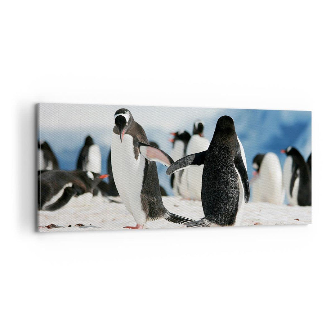 Wandbilder Dekoration Wohnzimmer Pinguine Winter Natur Schnee Panorama Bilder auf Leinwand 120x50cm