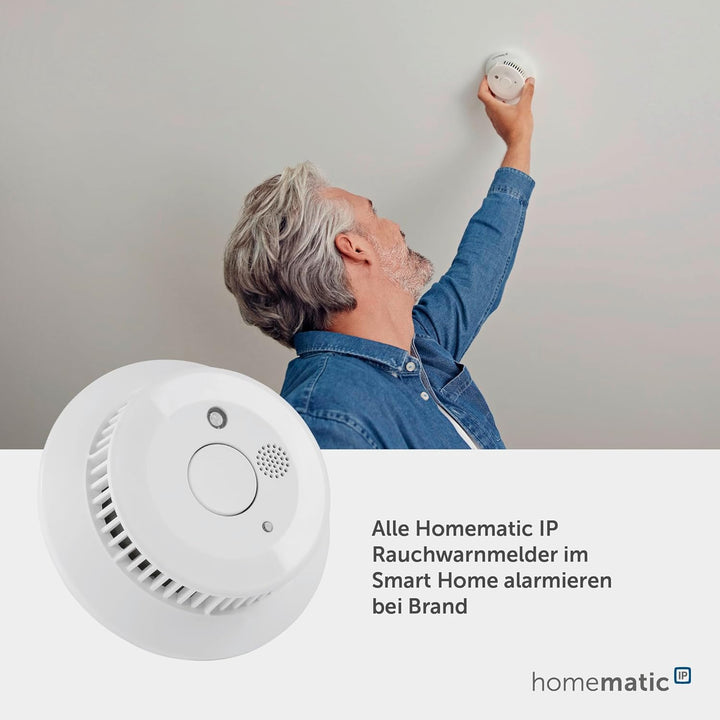 Homematic IP Smart Home Rauchwarnmelder mit Q-Label, Rauchmelder alarmiert lokal über die Sirene und
