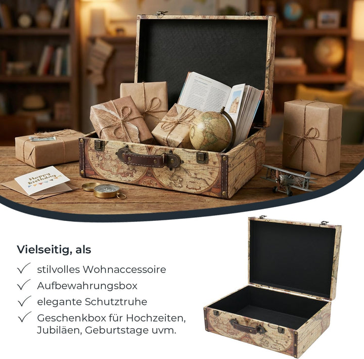 HMF VKO104 Vintage Koffer aus Holz | 44 x 32 x 16 cm | Gross | Deko Weltkarte Farbe 44 cm Weltkarte
