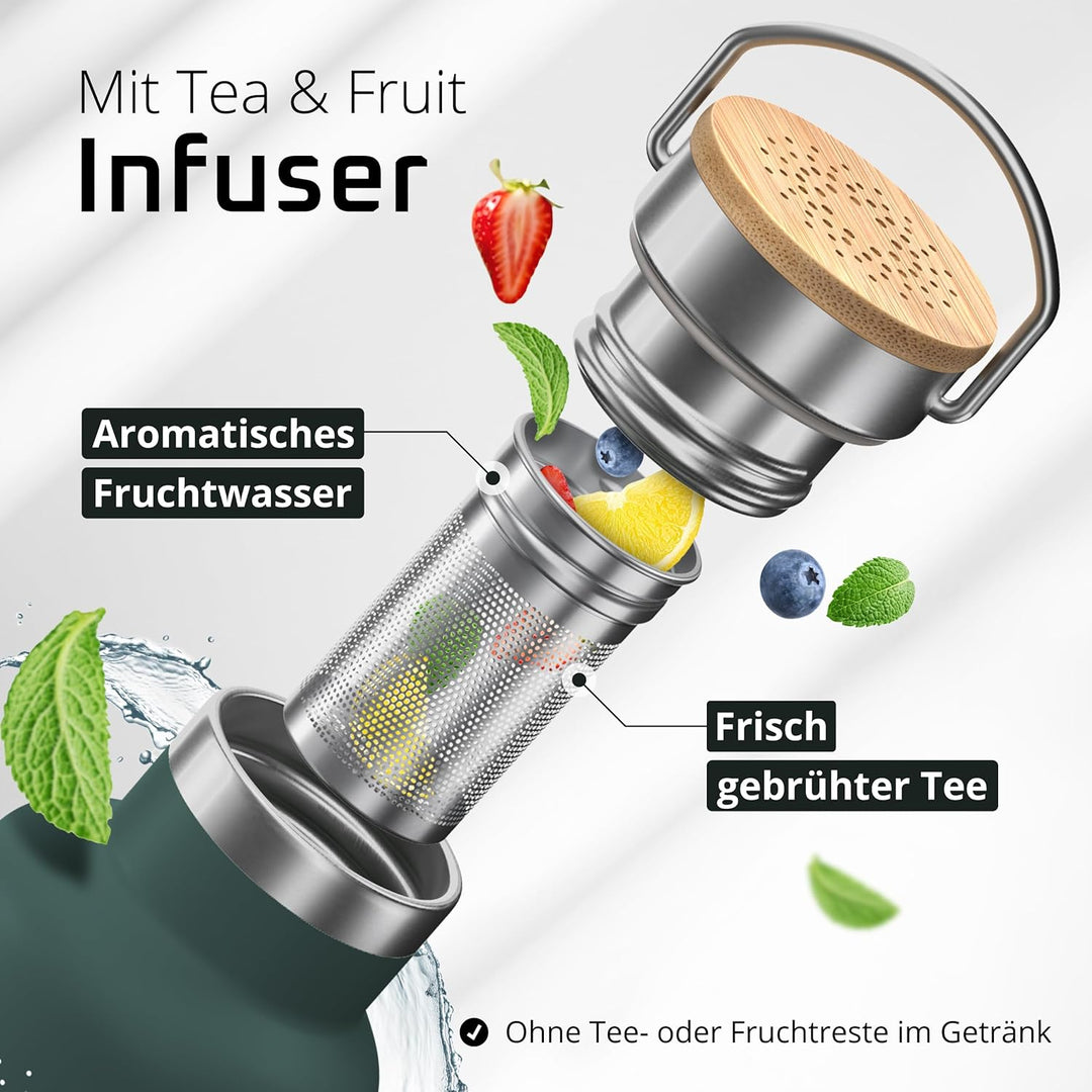 Trinkflasche Edelstahl mit Strohhalm, Infuser + 3 Deckel: BPA-frei, Auslaufsicher, Kohlensäure geeig