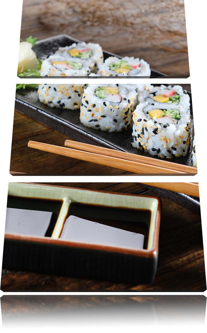 Pixxprint Delikate Inside Out Sushi Rollen als Leinwandbild | Grösse: 3 Teilig (120x80) | Wandbild|