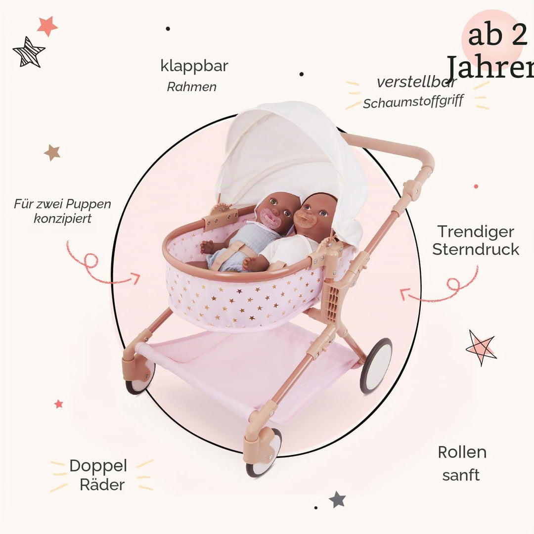 LullaBaby – Kinderwagen Puppenwagen Zwillinge für 36 cm Baby Puppen – Puppenbuggy mit faltbarem Dach