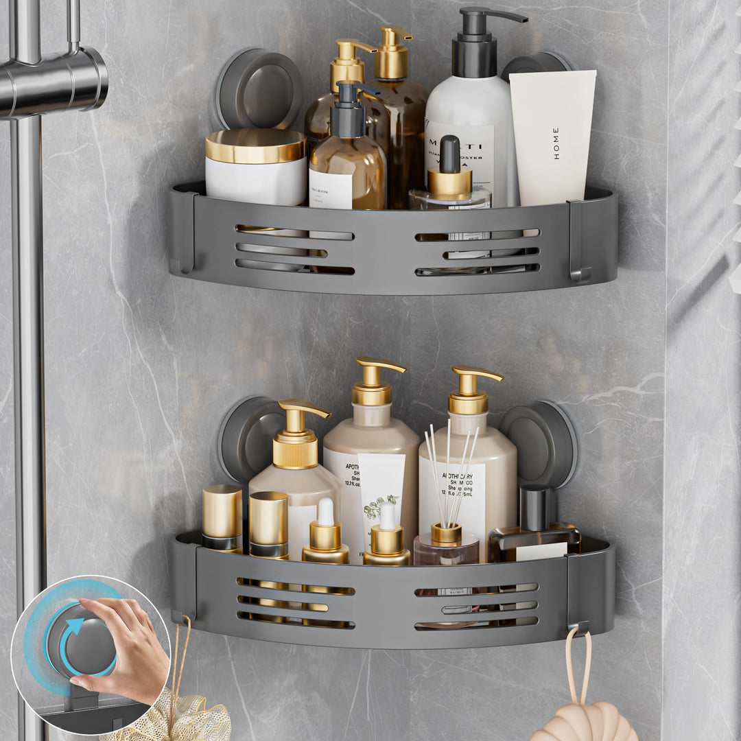Duschablage Ohne Bohren Ecke 2er Set, Duschregal Saugnapf Mit 4 Haken Gunmetal Grau, Gunmetal Grau
