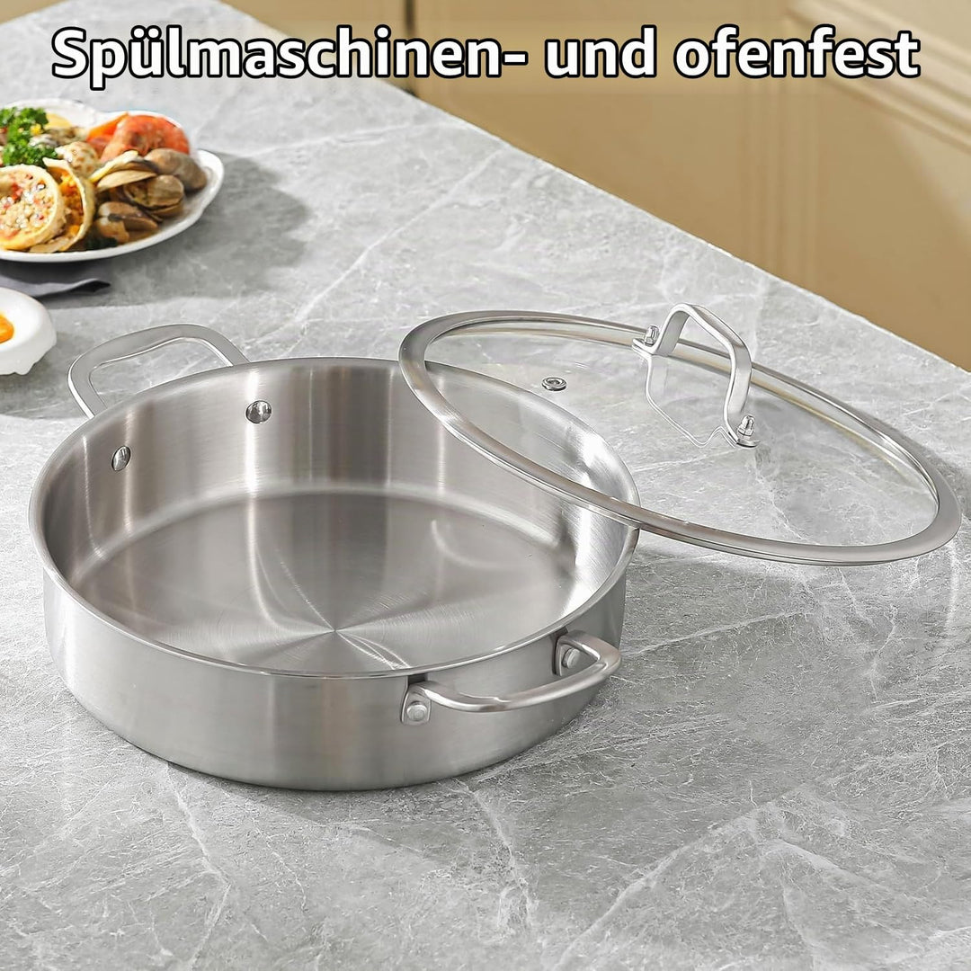Schmortopf mit Deckel,Ø 30cm Hoher Rand 9.8cm,3-Schichten Edelstahl Pfanne,Bräter Induktion,Für Gros