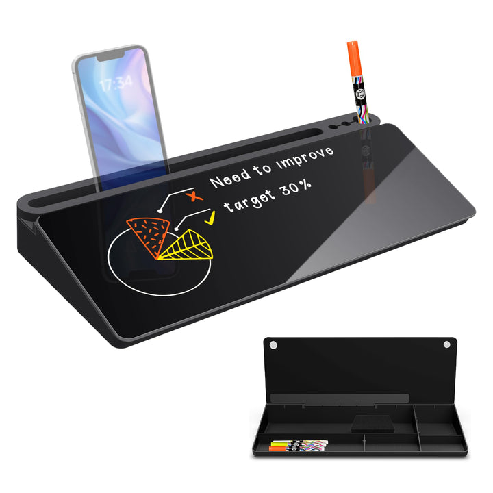 Schwarzes Desktop Whiteboard mit Stauraum, Glas Notiztafel für Büro Gadgets, abwischbare Mini Tafel