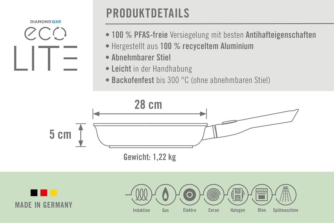 Woll Eco Lite QXR Flachpfanne - Induktiv - Ø 28 cm, 5 cm hoch, mit abnehmbarem Stiel - Geeignet für