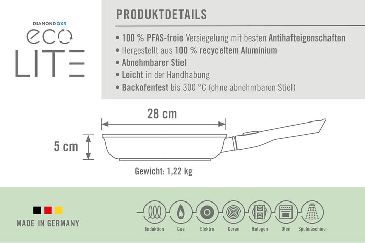 Woll Eco Lite QXR Flachpfanne - Induktiv - Ø 28 cm, 5 cm hoch, mit abnehmbarem Stiel - Geeignet für