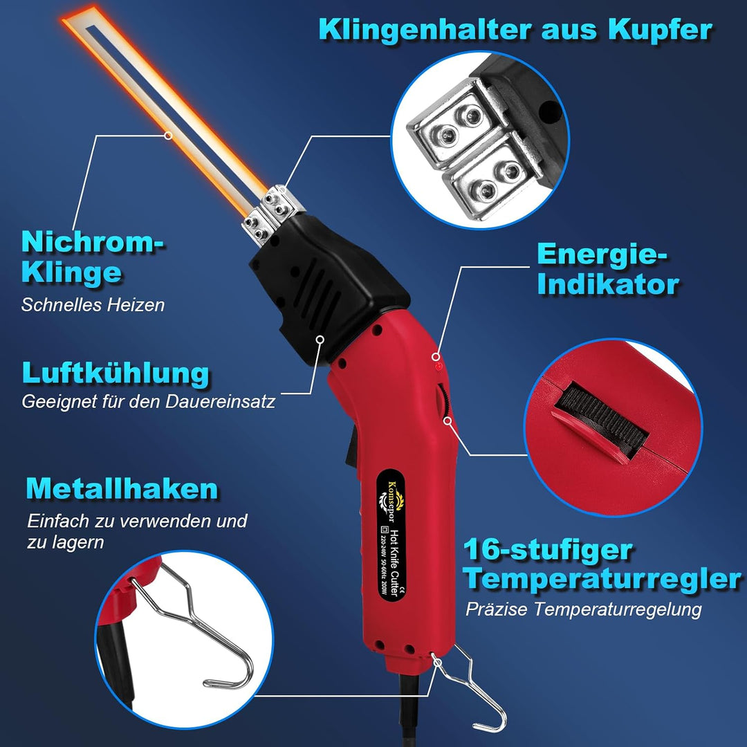 Komsepor 200W Styroporschneider Elektrische Heissmesser Schaumschneider mit 4 Nichrom Klingen 0-600℃