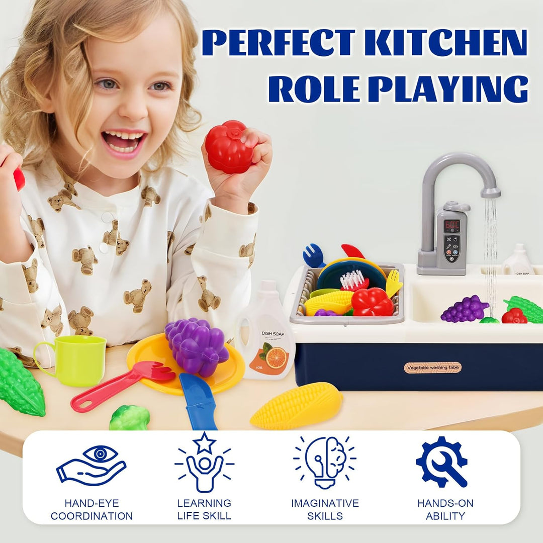 Spielspüle Kinder,Küchenspüle Spielzeug Set mit Wasserkreislauf, Elektrischem Wasserhahn,Rollenspiel