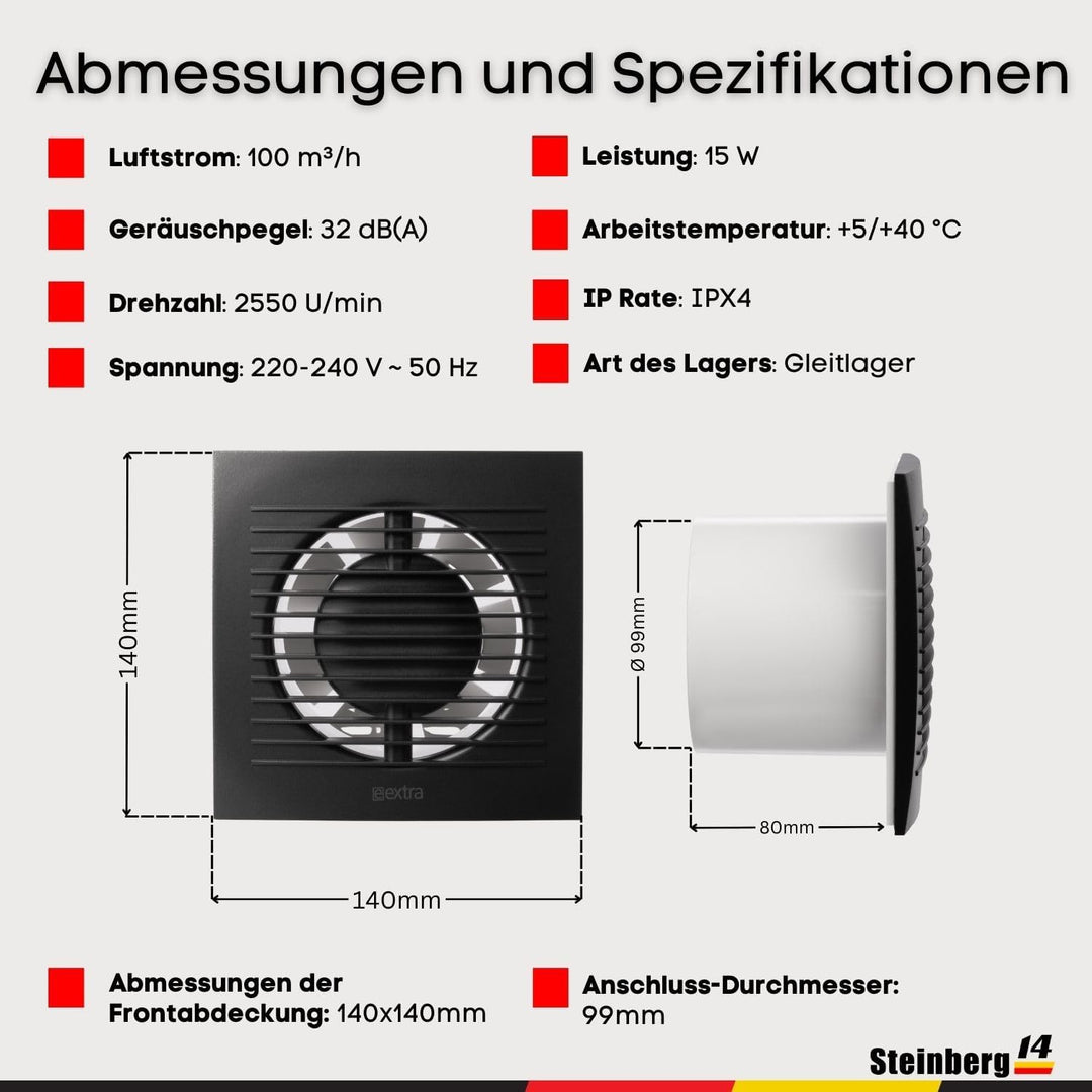 Steinberg14 Badlüfter Ø 100mm mit Feuchtigkeitssensor und Zeitnachlauf (Timer) - Anthrazit Ventilato