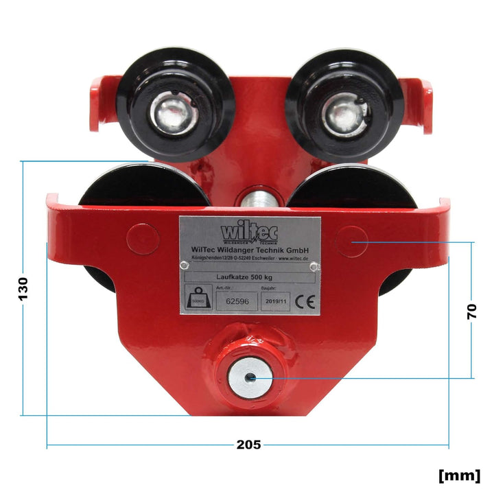 Wiltec Laufkatze bis 500 kg, 45-220 mm Flanschbreite, Handfahrwerk für Kran, Rollfahrwerk stufenlos