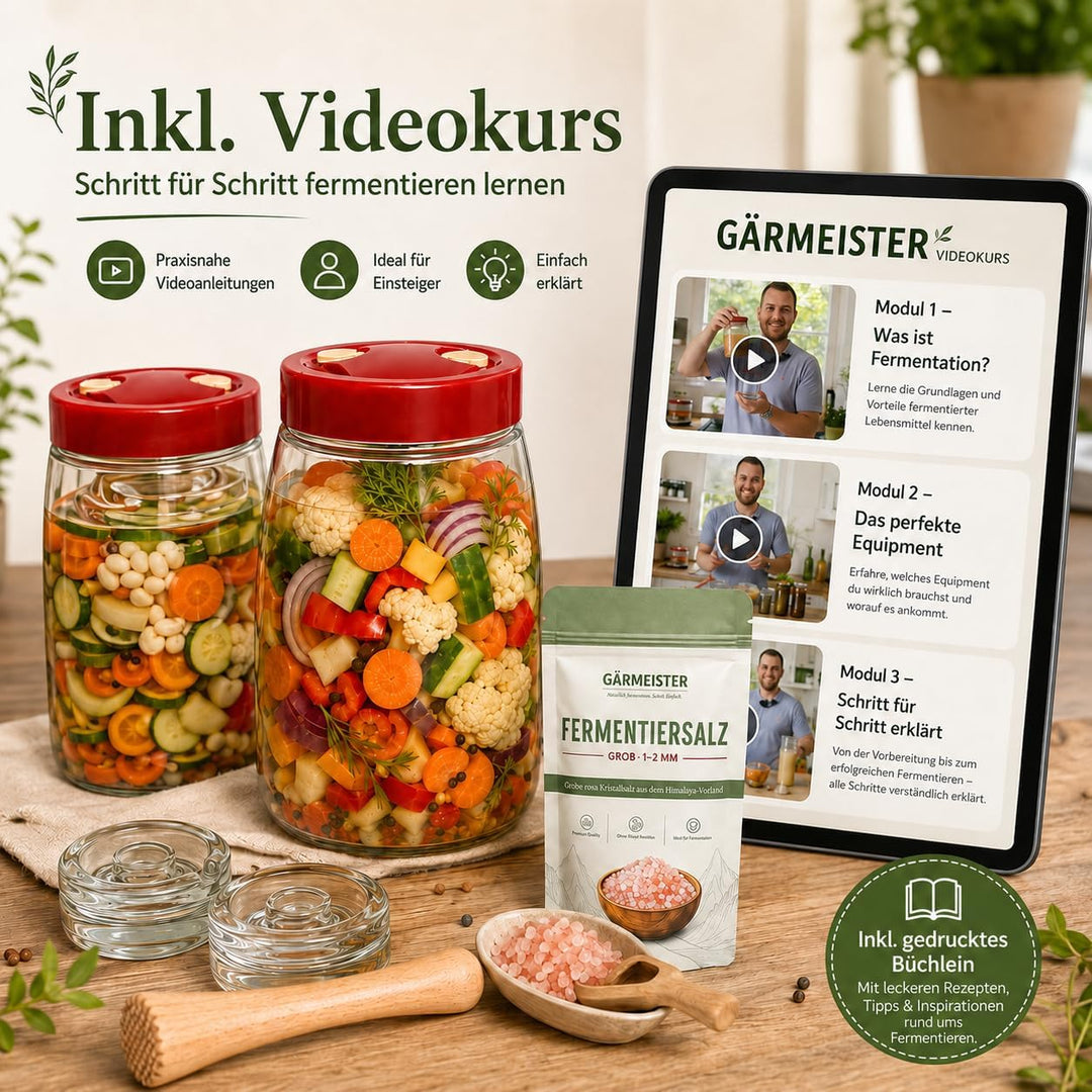 GÄRMEISTER Premium Fermentierglas Set 2er je 1,4 L mit Gärdeckel, Glasgewichten, Holzstössel, 100 g