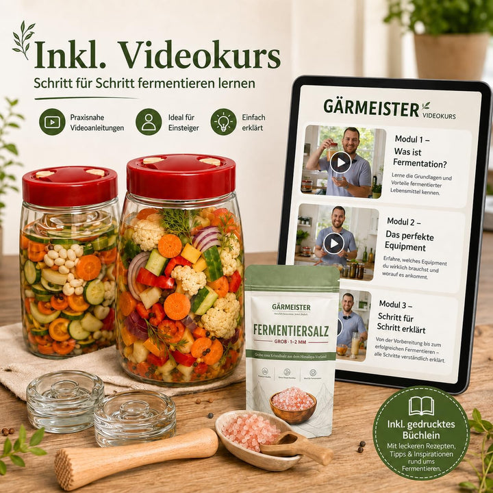 GÄRMEISTER Premium Fermentierglas Set 2er je 1,4 L mit Gärdeckel, Glasgewichten, Holzstössel, 100 g