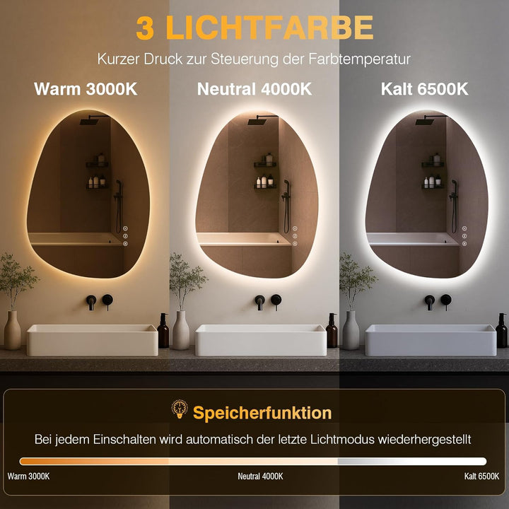 Asymmetrischer LED-Badspiegel mit Beleuchtung 75x55 cm, Beschlagfrei, 3 Lichtfarben Einstellbare Spi