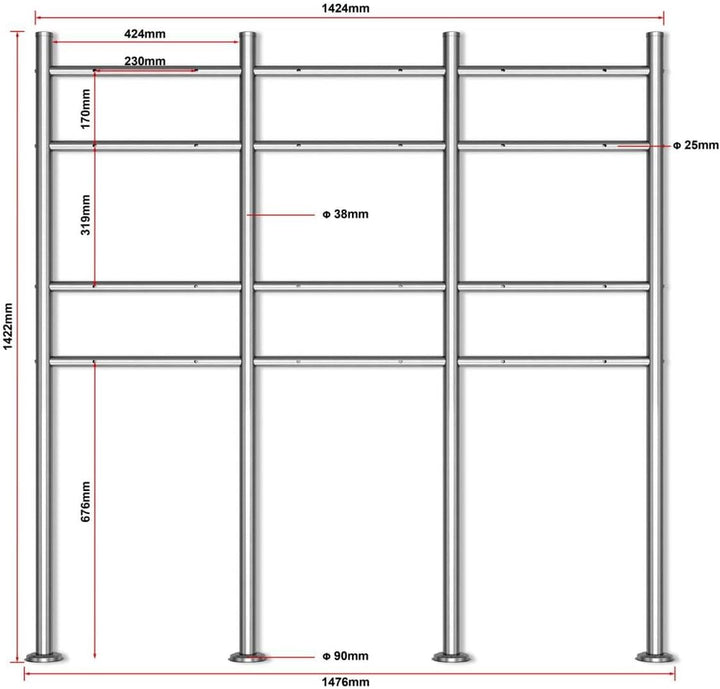 Metzler Briefkasten Ständer aus Edelstahl 6-Fach horizontal - Briefkastenständer für 6 Briefkästen,