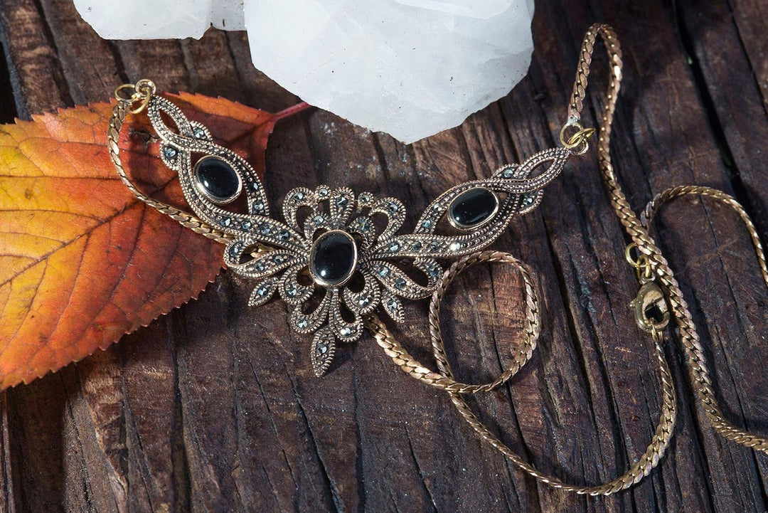 Windalf Mittelalterliches Collier ALADRIA 47 cm Gothic Schmuck Trachtenschmuck mit Onyx Edle Bronze