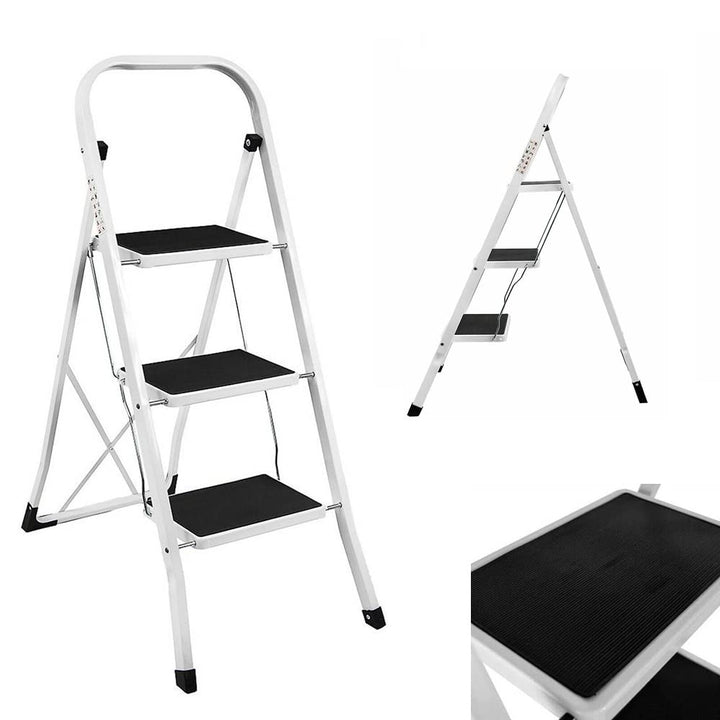 Trittleiter, 3 Stufen, Klappbare Haushaltsleiter, Alu Leiter, bis 150 kg, Sicherheitsleiter mit Anti