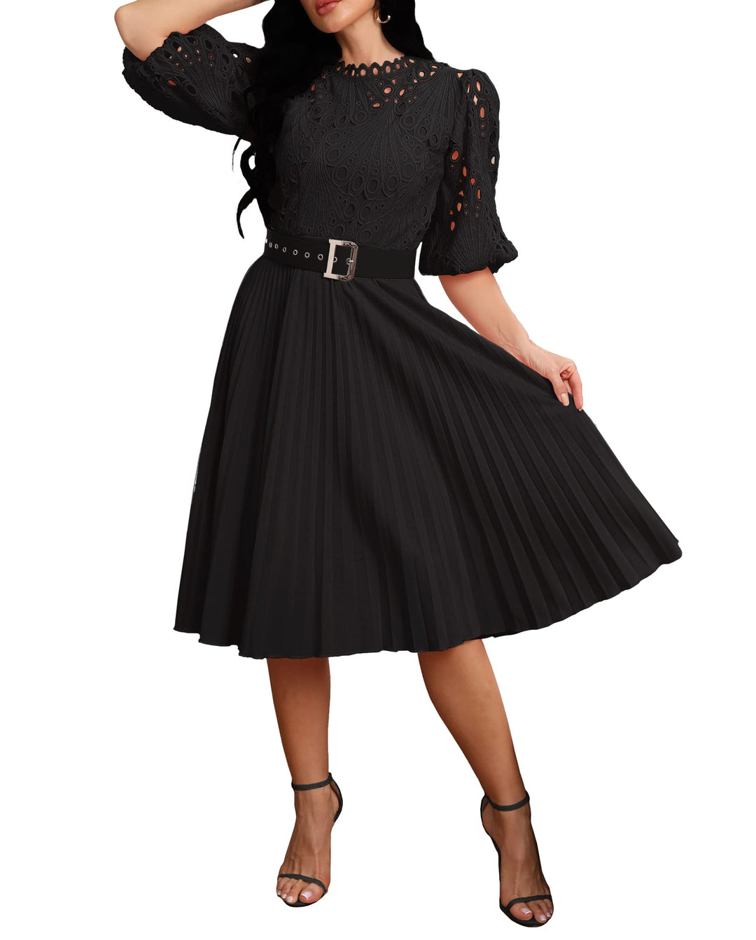 IWFEV Spitzenkleid mit Puffärmeln und kurzen Ärmeln, Midi-Kleid, hohl, Party-Abendkleid M Schwarz, M