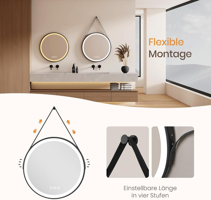 EMKE Badspiegel mit Beleuchtung Rund 50cm, Badezimmerspiegel mit 3 dimmbaren Lichtfarben, Antibeschl
