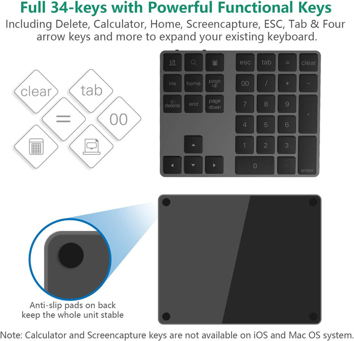 Bluetooth Ziffernblock 34-Tasten kabellos Bluetooth Numpad wiederaufladbar Tastatur Numerische Tasta