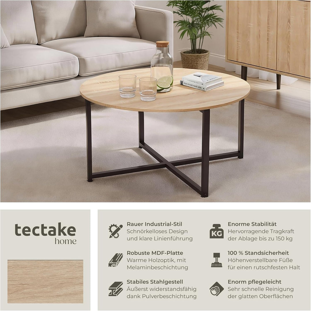 tectake® Couchtisch rund Holz und Metall, Beistelltisch rund, runder Tisch Wohnzimmer, Sofatisch, Wo